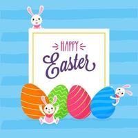 Happy Easter Font in White Paper with Cartoon Bunnies and Printed Eggs on Blue Strip Background. vector