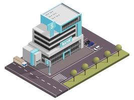 Isometric Bank Building with Car Parking in Front of Street Yard View. vector