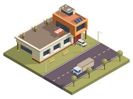 Isometric Modern Building with Garden View in Front of Transport Street Background. vector