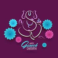 Line Art Image Of Lord Ganesha With Rat And Flowers On Purple Background For Happy Ganesh Chaturthi. vector