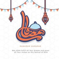 Arabic Calligraphy of Ramadan Text with Mosque, Hanging Lanterns and Bunting Flags Decorated on White Islamic Pattern Background. vector