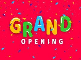 Colorful Grand Opening Text with Confetti Decorated on Red Background. vector