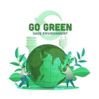 Vamos verde salvar ambiente concepto con dibujos animados hombres jardinería y tierra globo en blanco reciclar flecha antecedentes. vector