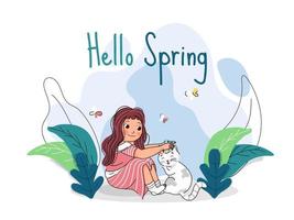 Hello Spring Text with Little Girl holding Flowers and Cat, Butterflies on Green Leaves White Background. vector