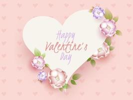 Happy Valentine's Day Font in White Heart Shape Decorated with Realistic Flowers on Pink Heart Pattern Background. vector