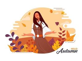 Young Girl Enjoying Autumn Season with Colorful Leaves, Berry Branch on Abstract Background. vector