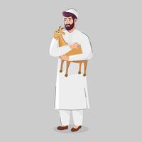 Muslim Man holding a Brown Goat in Standing Pose on Grey Background. vector
