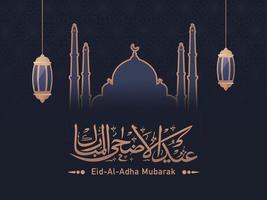 Eid al-Adha Mubarak caligrafía con papel cortar mezquita y colgando linternas decorado en azul antecedentes. vector