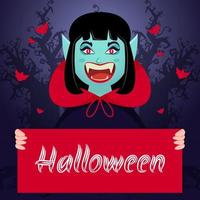 Cheerful Female Vampire or Monster Holding Halloween Message Paper with Flying Bats on Scary Tree Background. vector