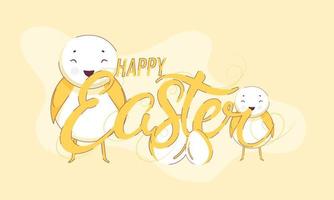 Happy Easter Font with Chick Birds and Egg on Light Yellow Background. vector