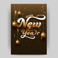 Happy New Year Font With Hanging Realistic Baubles And Lights Effect On Dark Bronze Background. vector