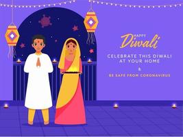 indio familia solicitando a celebrar diwali desde hogar porque de pandemia COVID-19. vector