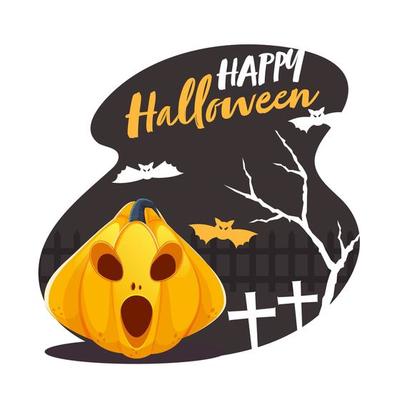 Happy Halloween Font with Spooky Pumpkin, Flying Bats, Tree and Graveyard Cross on Abstract Background.