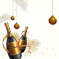 3D Champagne Bottles With Hanging Bronze Baubles, Snowflakes, Ribbons And Fireworks On White Background. vector