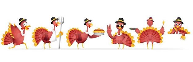 Cartoon Turkey Bird Wearing Pilgrim Hat in Different Activity. vector