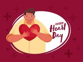 World Heart Day Font with Happiness Man holding a Heart on Red Background. vector