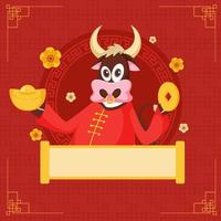 Cartoon Ox Character Holding Ingot With Qing Ming Coin And Empty Scroll Paper Given For Message On Red Background. vector