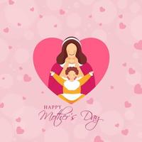 Cartoon Young Woman with Her Baby Girl on Pink Hearts Bokeh Blur Background for Happy Mother's Day Celebration. vector