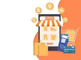 Illustration of Online Shop App in Smartphone with Trolley, Carry Bags, Payment Card and POS Machine on Orange and White Background. vector