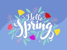 Hello Spring Font with Colorful Flowers and Leaves on Blue Wave Background. vector