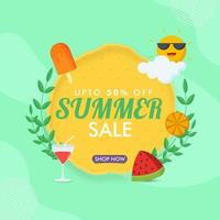 Summer Sale Concept with Happy Sun, Icecreame, Watermelon slice, and green leaves. vector