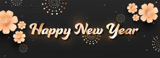 Happy New Year Text With Lights Effect, Peach Flowers And Dotted Round On Black Background. vector