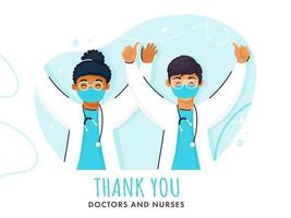 Cheering or Successful Doctors Character and Thank You Text on Abstract Blue Background. vector