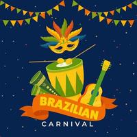 Brazilian Carnival Concept With Feather Party Mask, Music Instruments And Bunting Flags Decorated On Blue Background. vector