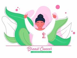 Character of Girl Showing Thumbs Up with Pink Ribbon at Chest and Green Leaves on White Background for Breast Cancer Awareness Month. vector