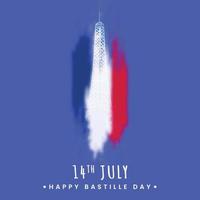 14th July, Happy Bastille Day Poster Design with Eiffel Tower Monument and Blurred France Tricolor Effect on Blue Background. vector