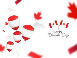 Happy Canada Day Celebration Concept with Canadian Flags, Glossy Balloons and Blur Maple Leaves on White Background. vector