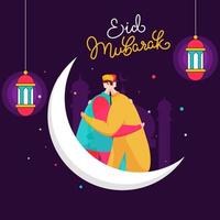 Eid Mubarak Font with Cartoon Muslim Men Hugging Each Other, Crescent Moon and Hanging Illuminated Lanterns on Mosque Purple Background. vector