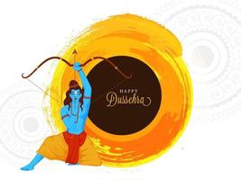 Happy Dussehra Font with Hindu Mythology Lord Rama Aiming Arrow and Orange Brush Stroke Effect on White Mandala Pattern Background. vector