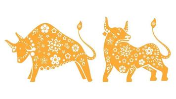 Set Of Chinese Zodiac Ox Sign In Yellow And White Color. vector