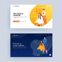 Female Salon landing page design with women character on salon view in two color option. vector