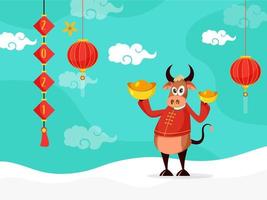 Cartoon Character Of Ox Holding Ingots With 2021 Number, Lanterns Hang On Turquoise And White Background. vector
