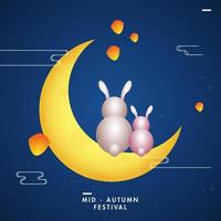 Back View of Glossy Bunnies Sit at Crescent Moon and Flying Lamps Decorated Blue Background for Mid Autumn Festival Celebration. vector
