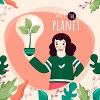 Illustration of Cartoon Girl Presenting Eco Bulb with Leaves Decorated on Peach Background for Save The Planet Concept. vector