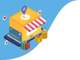 Isometric Illustration of Online Shop Location App in Smartphone with Payment Card, Percentage Label, Carry Bags and Gift Box on Abstract Background. vector