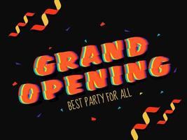 Pixel Style Grand Opening Text with Confetti Ribbon on Black Background. vector