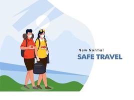 dibujos animados turista hombre y mujer vestir protector mascaras con pantalones y cámara en azul y blanco antecedentes para nuevo normal seguro viajar. vector