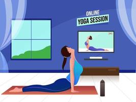 Online Yoga Session Concept With Young Woman Practicing Bhujangasana At Home During Coronavirus. vector