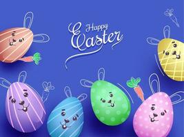 Calligraphy of Happy Easter Text with Top View of Colorful Cartoon Smiley Eggs and Carrot Decorated on Blue Background. vector