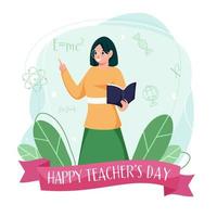 Female Teacher Holding Book with Index Finger and Green Leaves on White Background for Happy Teacher's Day. vector