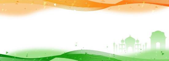 Indian Tricolor Abstract Waves Background With Silhouette Famous Monument Of India. Header Or Banner Design. vector