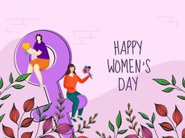 Cartoon Young Girls holding Flower Bunch with Trophy and Colorful Leaves Decorated on Pink Background for Happy Women's Day. vector