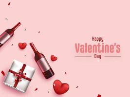 Top View of Realistic Gift Box with Champagne Bottles and Red Hearts on Pink Background for Happy Valentine's Day Celebration Concept. vector