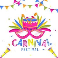 vistoso carnaval festival texto con fiesta mascarilla, pluma, vuvuzela, tambor instrumento y verderón banderas decorado en blanco antecedentes. vector