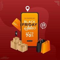 Black Friday Sale App in Smartphone with 70 Discount Offer, Shopping Bags, Realistic Gift Boxes and Payment Cards on Maroon Background. vector