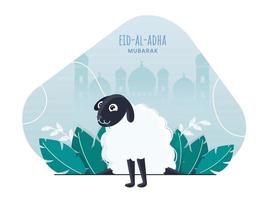 Vector Illustration of Cartoon Sheep and Leaves on Blue Silhouette Mosque Background for Eid-Al-Adha Mubarak Celebration Concept.